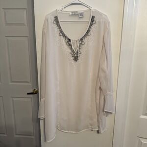 Venezia Vitale White Chiffon Sheer Embroidered Tie V-Neck Tunic Blouse 3X